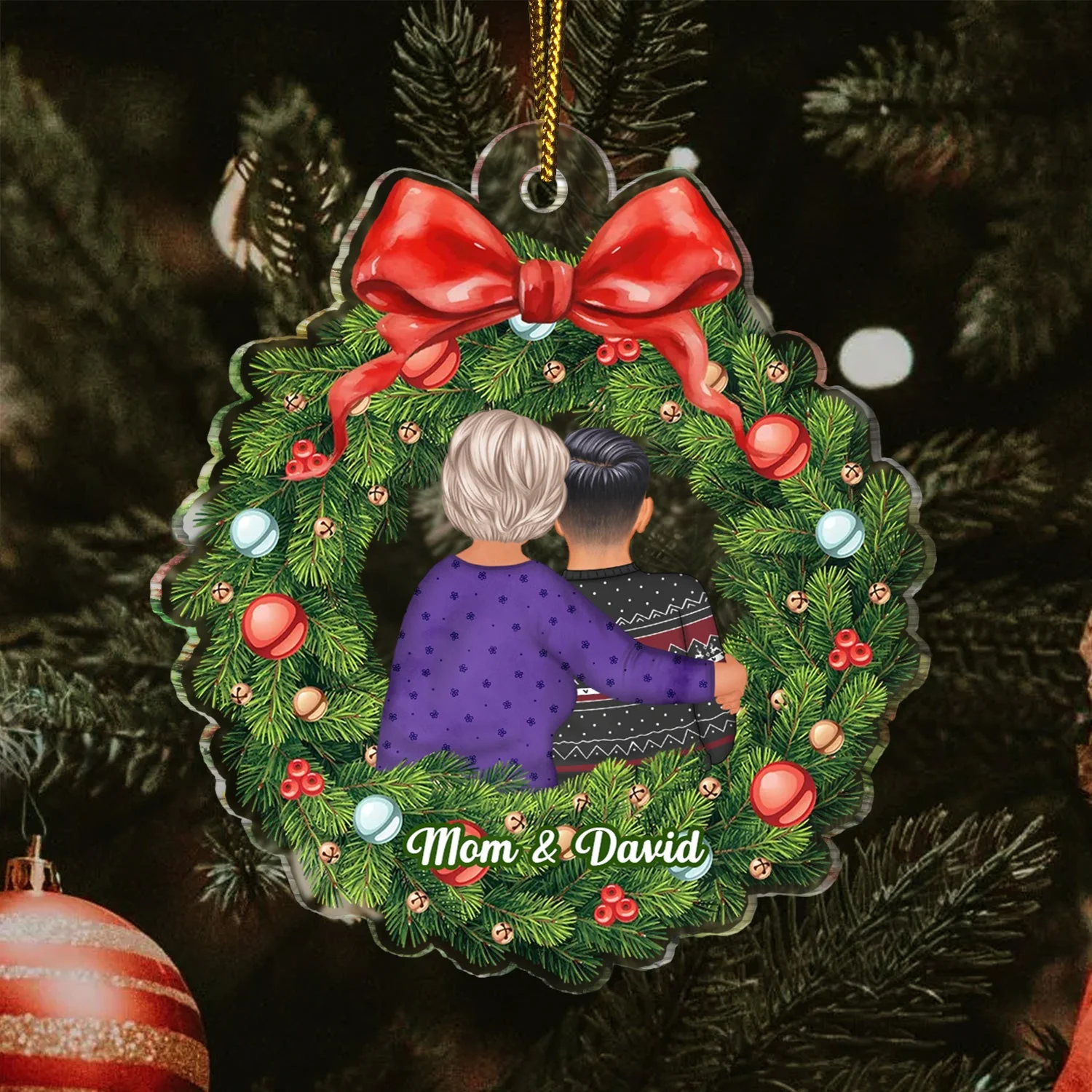 Christmas Wreath Mom Hugs Daughter Son - Gift For Mother, Grandmother, Grandma - Personalized Custom Shaped Acrylic Ornament - Image 3
