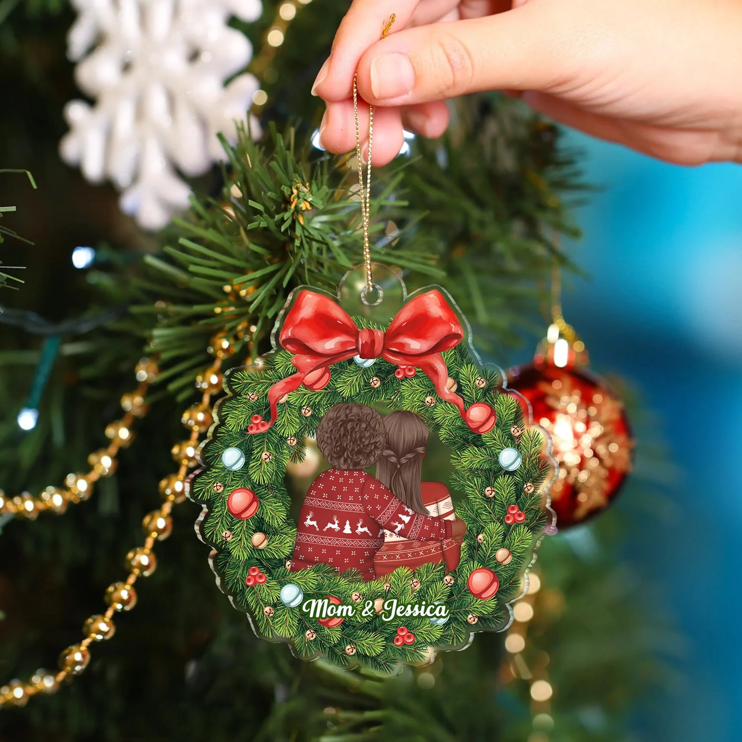 Christmas Wreath Mom Hugs Daughter Son - Gift For Mother, Grandmother, Grandma - Personalized Custom Shaped Acrylic Ornament - Image 4