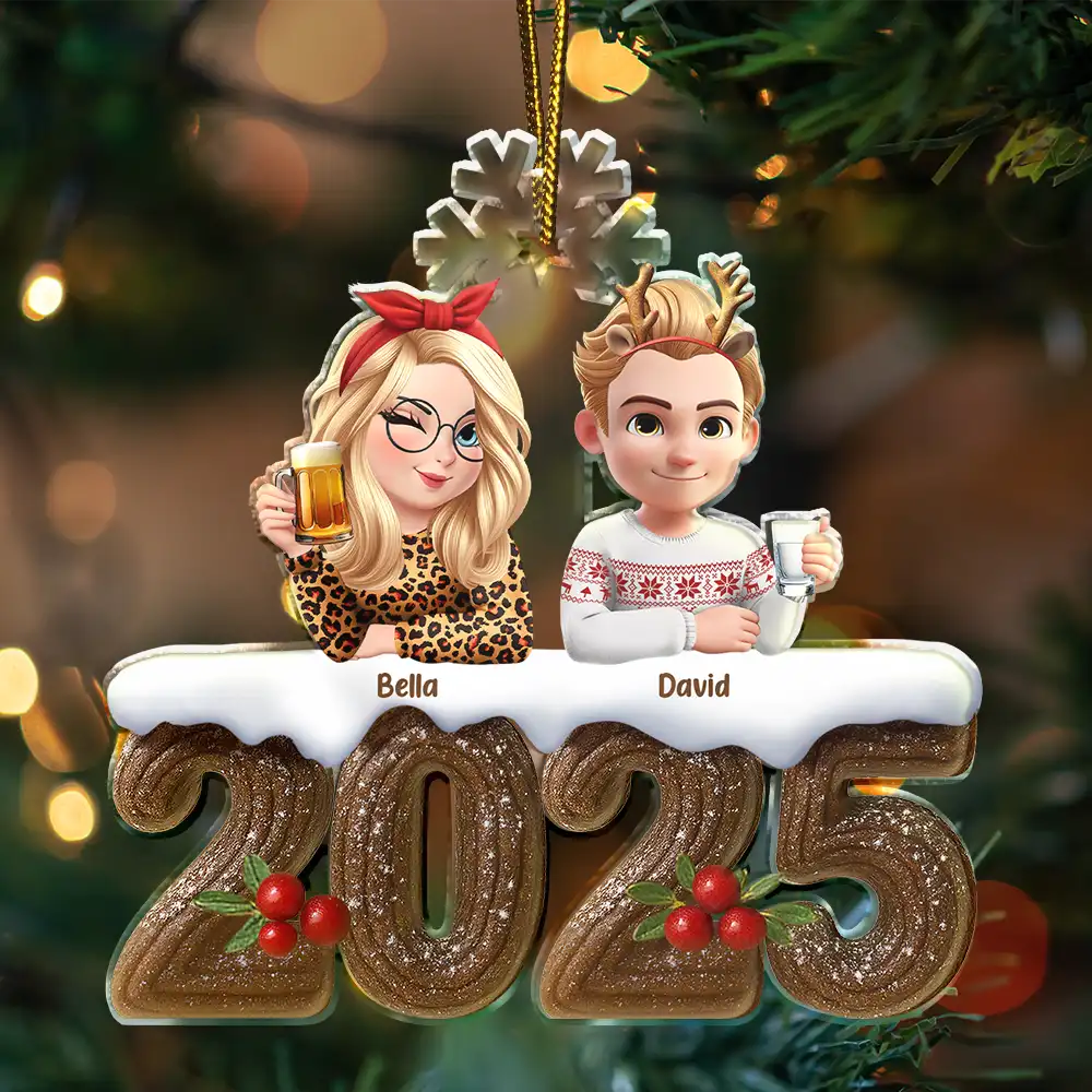 Christmas Yule Log Buche De Noel 3D Effect Couple Sibling Dog Cat - Personalized Custom Shaped Acrylic Ornament - Image 3