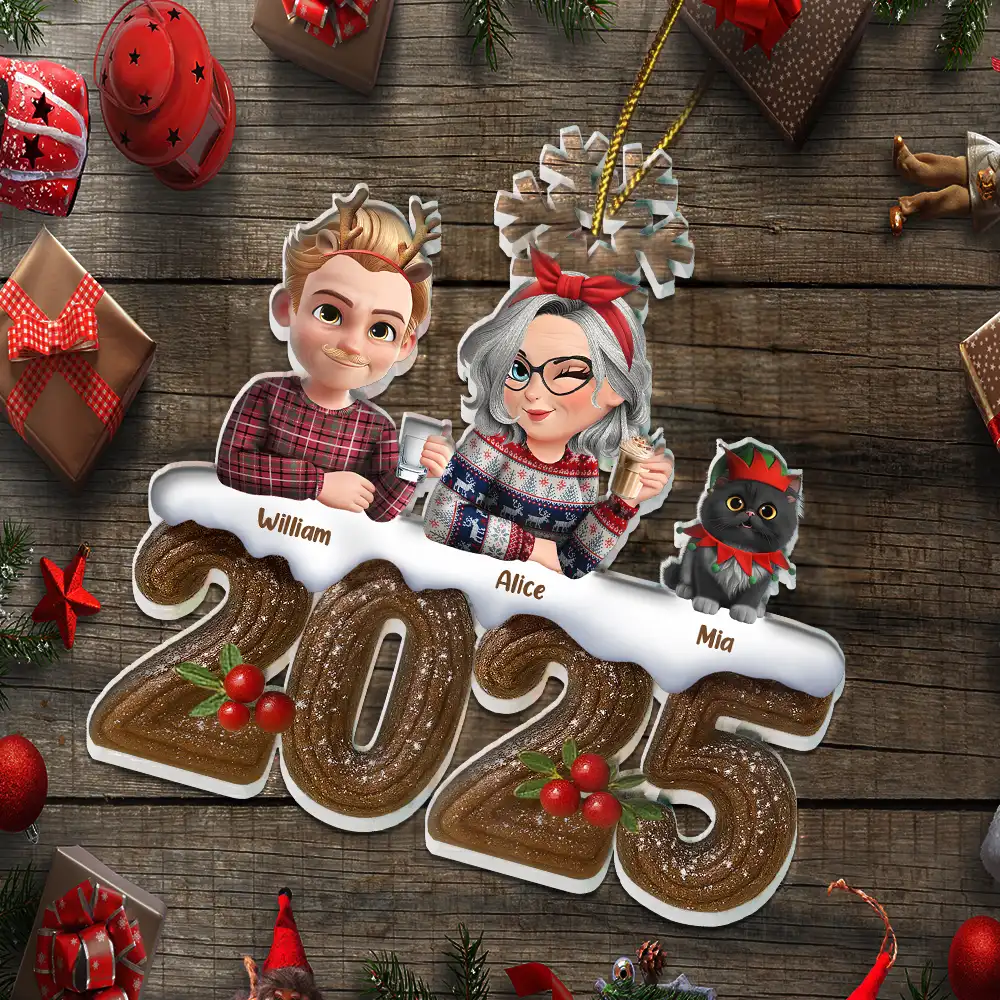 Christmas Yule Log Buche De Noel 3D Effect Couple Sibling Dog Cat - Personalized Custom Shaped Acrylic Ornament - Image 5