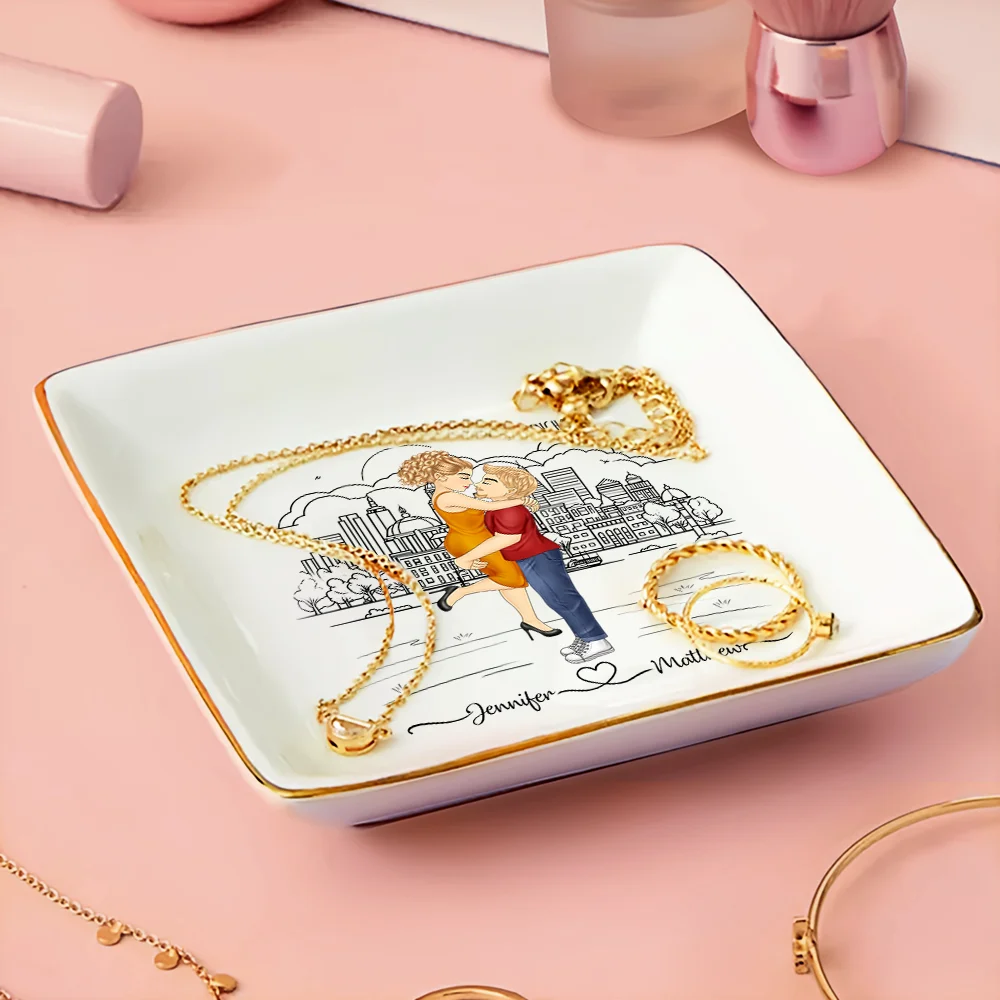 City Skyline Couple Married Engaged - Personalized Ring Dish - Image 3