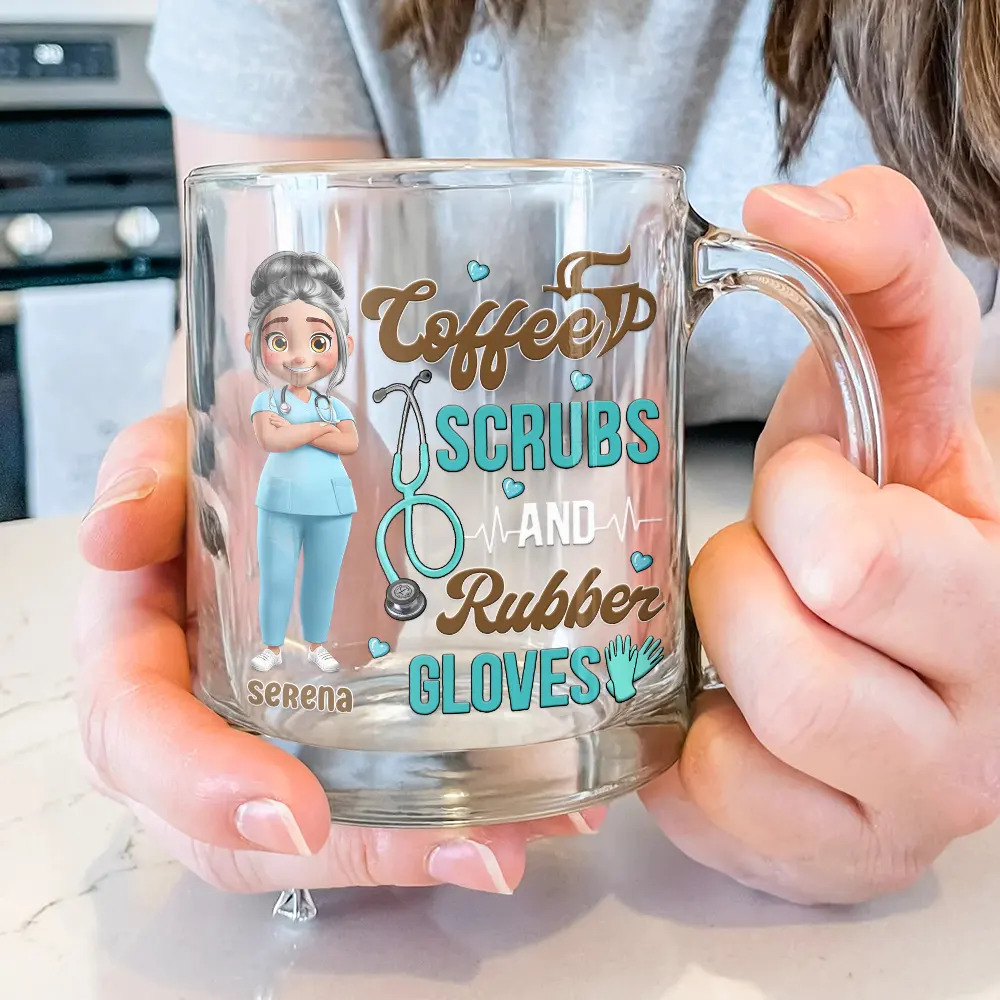 Coffee Scrubs And Rubber Gloves - Personalized Glass Mug - Image 3