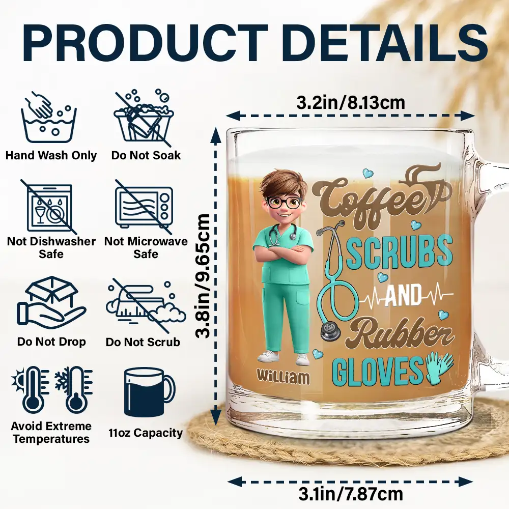 Coffee Scrubs And Rubber Gloves - Personalized Glass Mug - Image 5