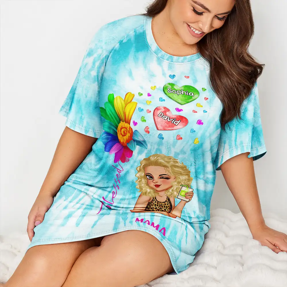Colorful Flower Heart Grandma - Personalized Women's Sleep Tee - Image 4