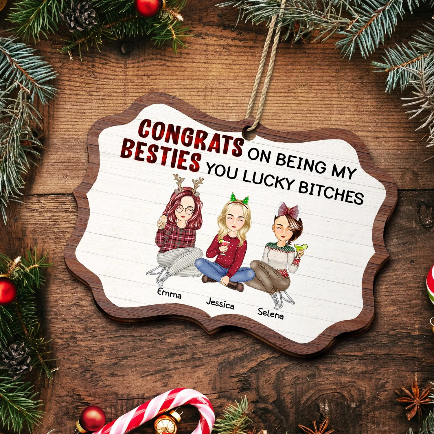 Congrats On Being My Besties - Christmas Gifts For Best Friends - Personalized Medallion Wooden Ornament - Image 5