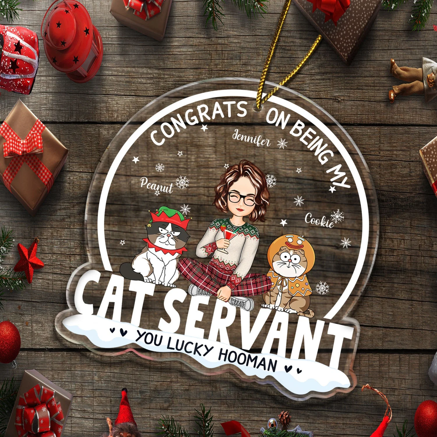 Congrats On Being My Cat Servant Funny Cartoon Style - Christmas Gift For Cat Lovers, Cat Moms, Cat Dads - Personalized Custom Shaped Acrylic Ornament - Image 5