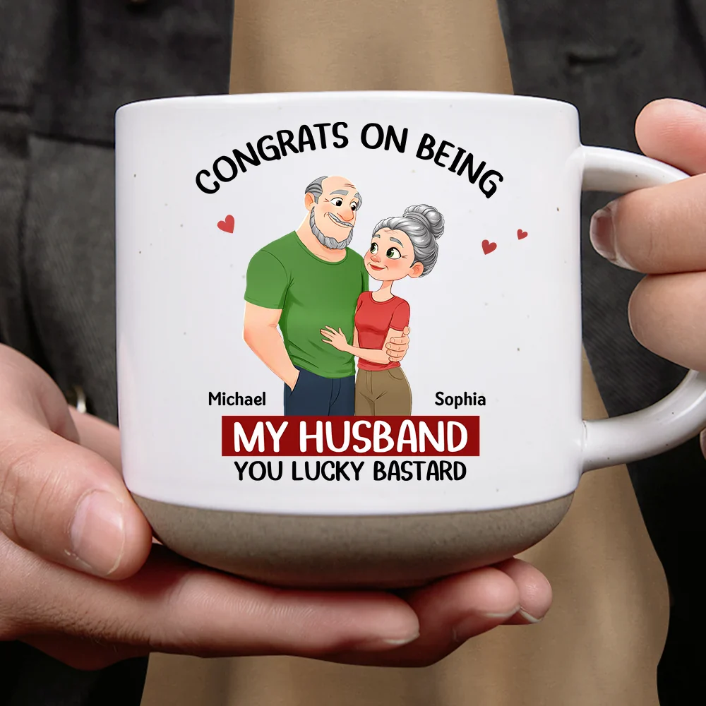 Congrats On Being My Husband Animate Hugging Couple - Personalized Pottery Mug - Image 4