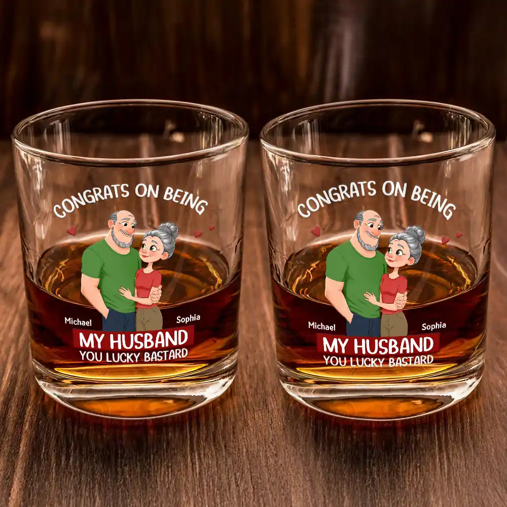 Congrats On Being My Husband Animate Hugging Couple - Personalized Whiskey Glass - Image 2