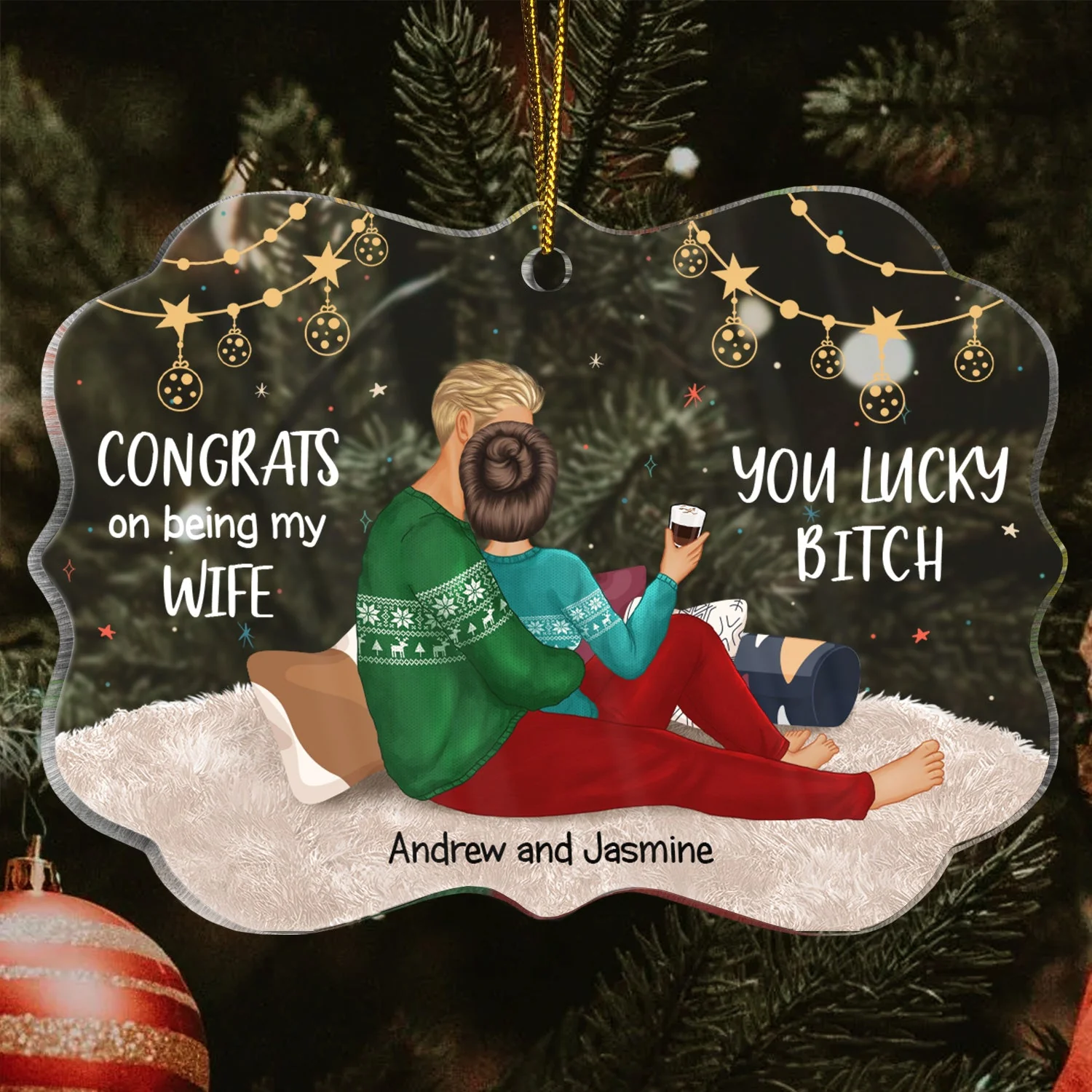 Congrats On Being My Husband Backside - Anniversary, Vacation, Funny Christmas Gift For Couples, Family - Personalized Medallion Acrylic Ornament - Image 3