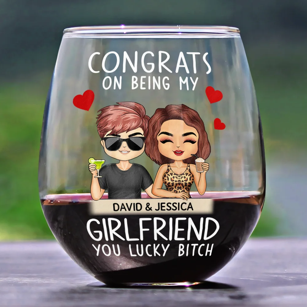 Congrats On Being My Husband Chibi Couples - Personalized Stemless Wine Glass - Image 2