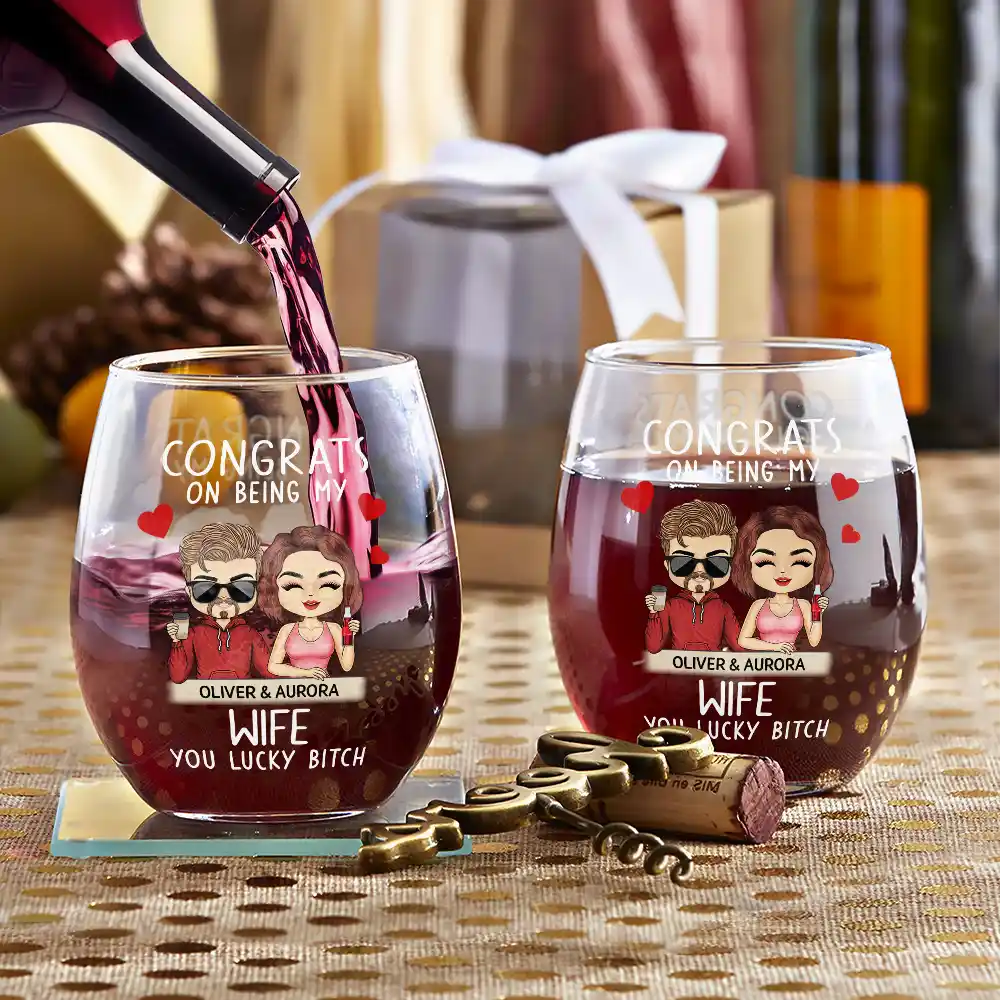 Congrats On Being My Husband Chibi Couples - Personalized Stemless Wine Glass - Image 3
