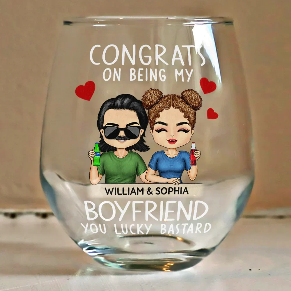 Congrats On Being My Husband Chibi Couples - Personalized Stemless Wine Glass - Image 4