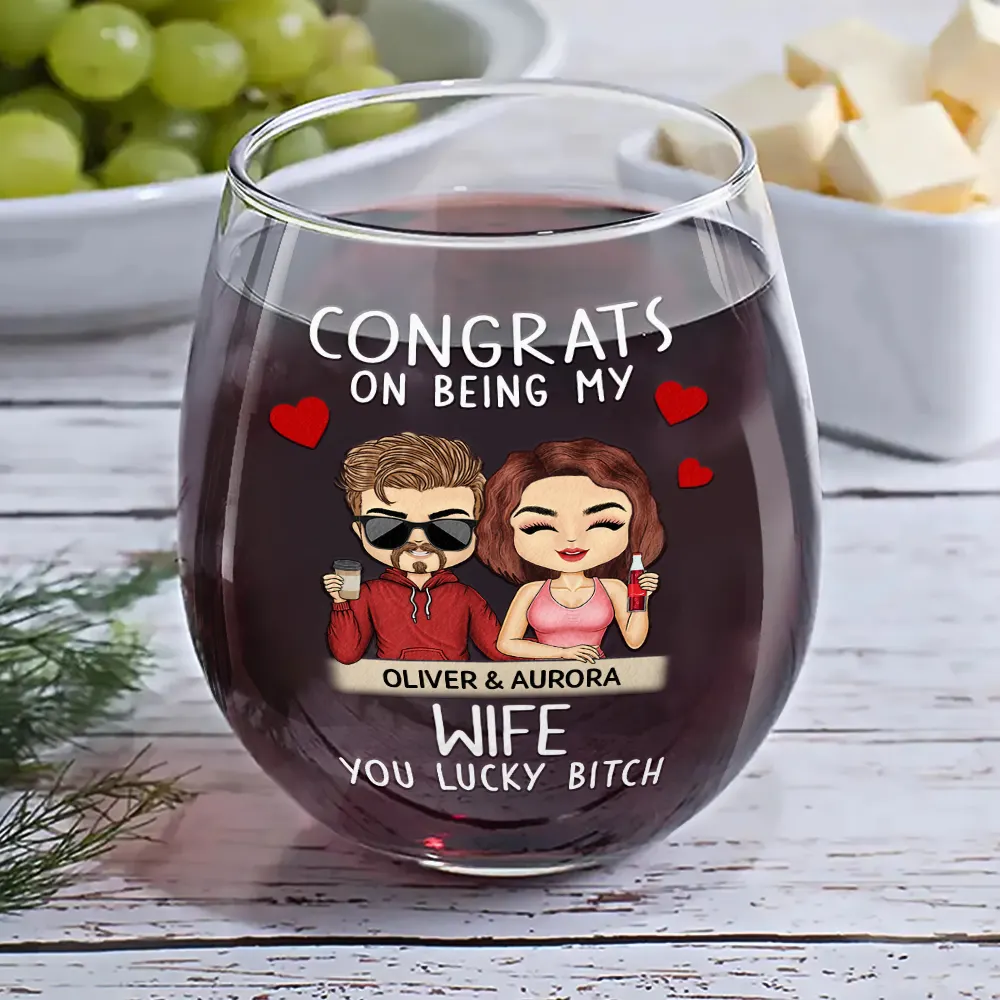 Congrats On Being My Husband Chibi Couples - Personalized Stemless Wine Glass - Image 6