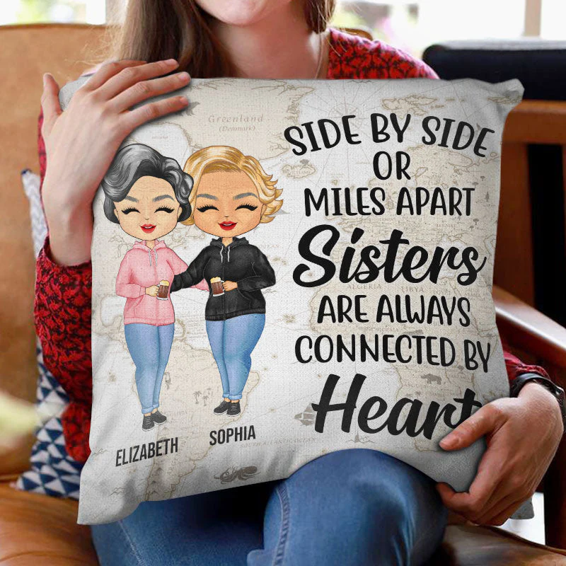 Connected By Heart Hoodie Sisters - Sibling BFF Bestie Gift - Personalized Custom Pillow - Image 2