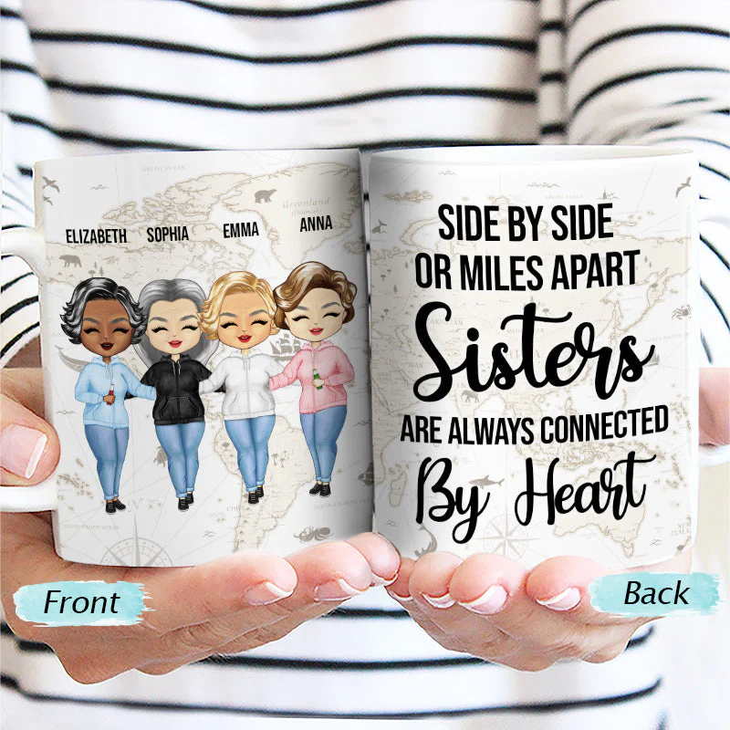 Connected By Heart Hoodie Sisters - Sibling BFF Bestie Gift - Personalized Custom White Edge-to-Edge Mug - Image 2