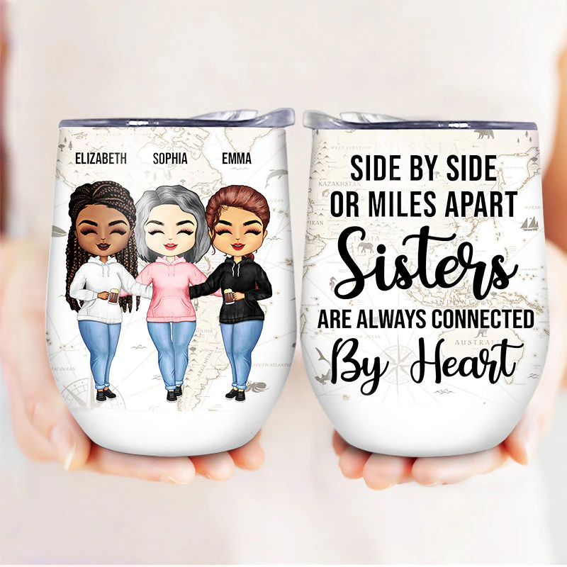 Connected By Heart Hoodie Sisters - Sibling BFF Bestie Gift - Personalized Custom Wine Tumbler - Image 3