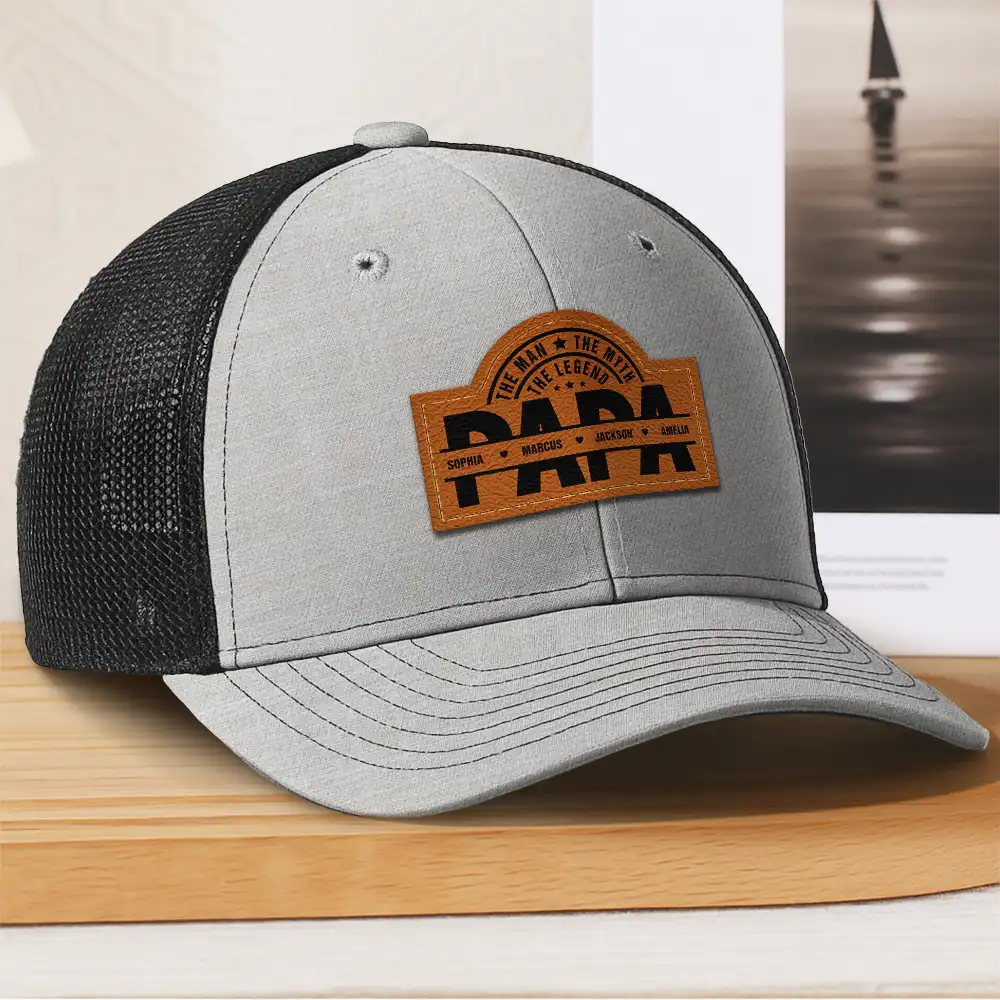 Cool Dad Papa Grandpa The Man The Myth The Legend - Personalized Leather Patch Hat - Image 3