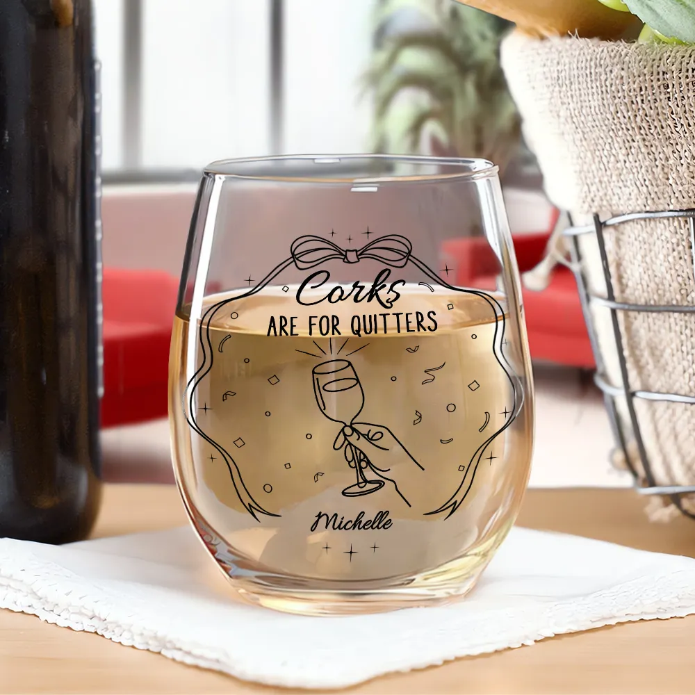 Corks Are For Quitters Sister Bestie Line Art - Personalized Stemless Wine Glass - Image 2