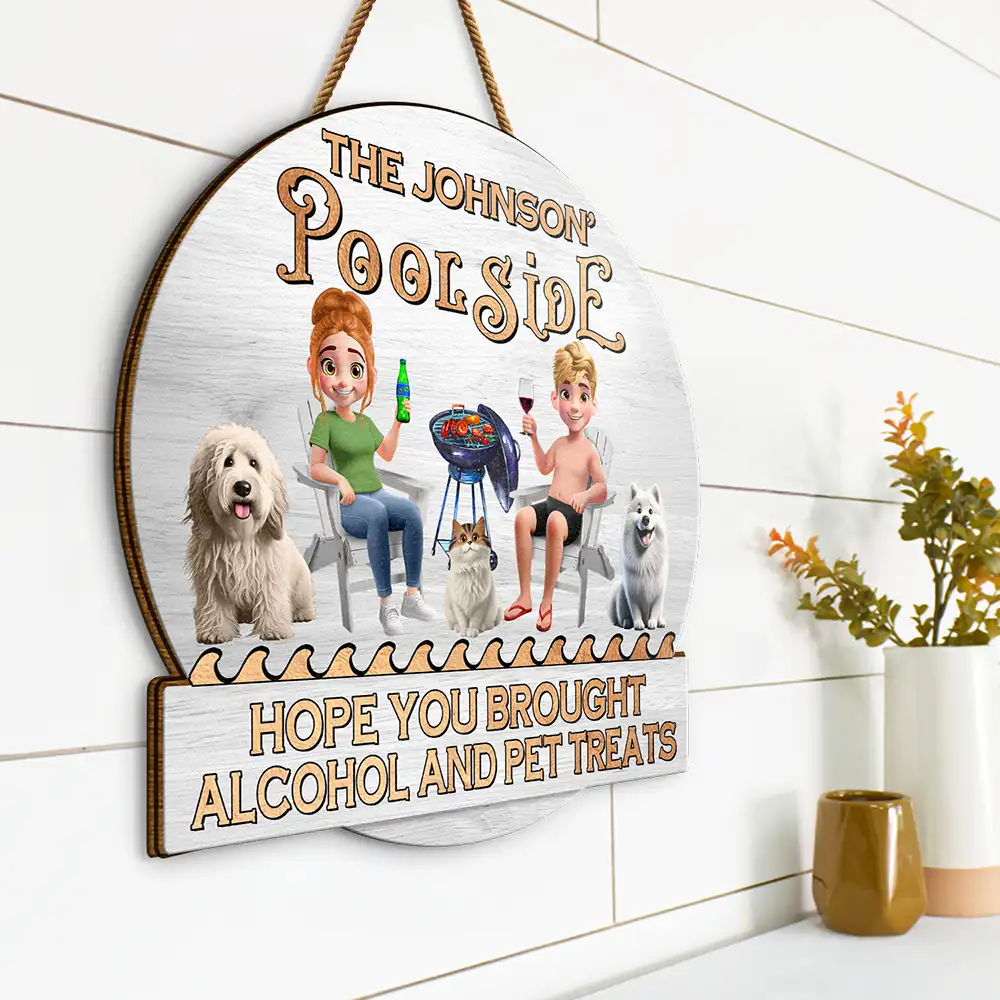 Couple 3D Effect Pool & Patio Bar Hope You Brought Alcohol & Dog Treats - Personalized Custom Shaped Wood Sign - Image 2