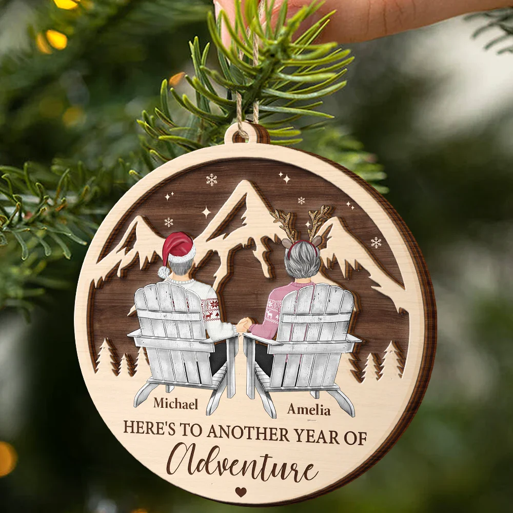 Couple Adventure Here's To Another Year Of Adventure - Personalized 2-Layered Wooden Ornament - Image 2