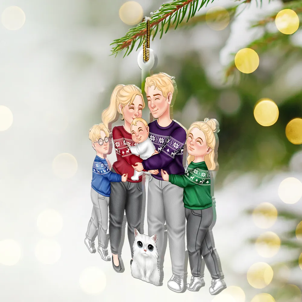 Couple And Kids Or Pets Arm In Arm Hugging - Personalized Cutout Acrylic Ornament - Image 2