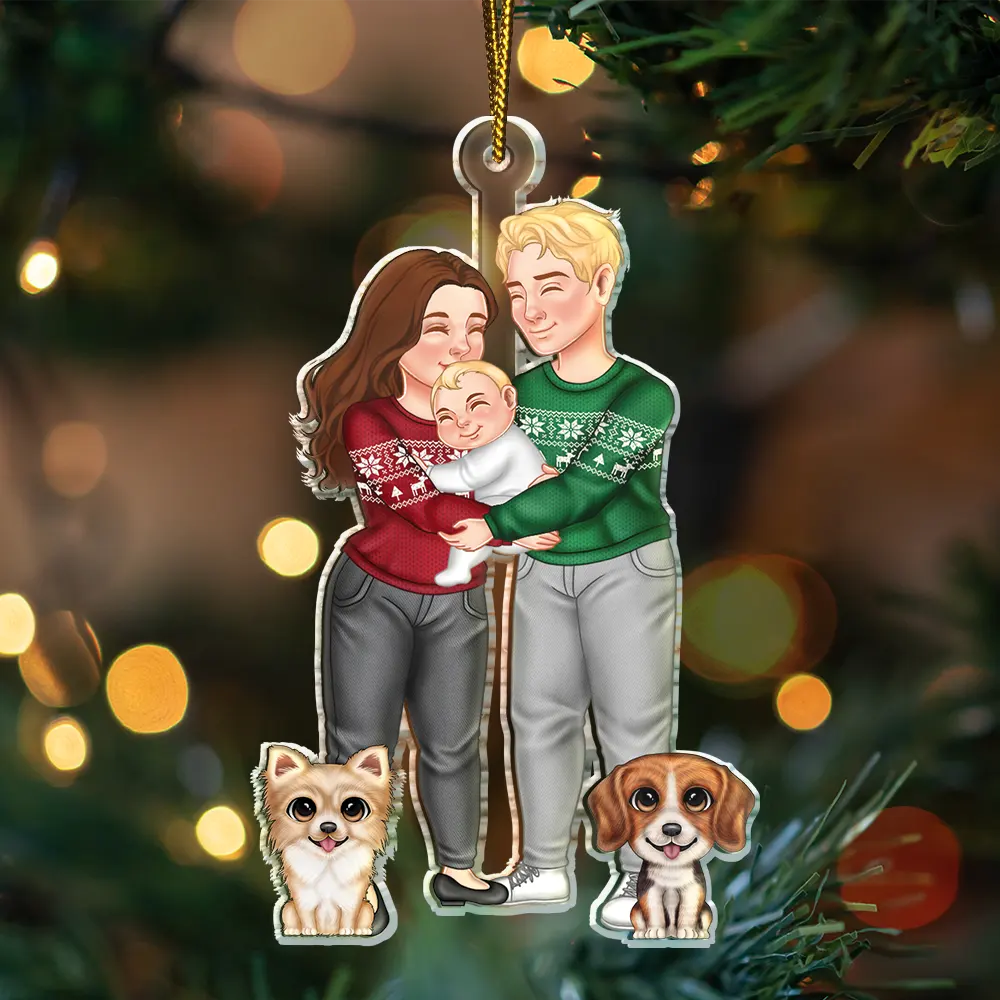 Couple And Kids Or Pets Arm In Arm Hugging - Personalized Cutout Acrylic Ornament - Image 3