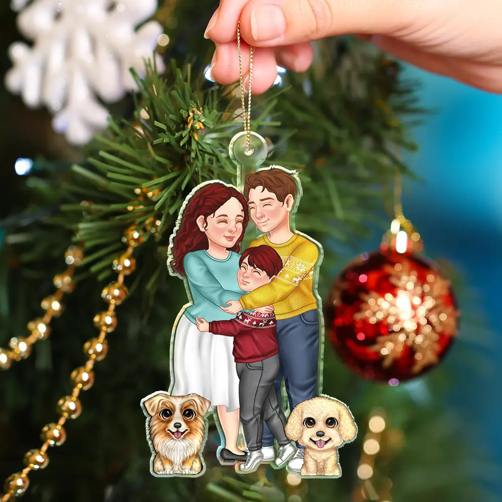 Couple And Kids Or Pets Arm In Arm Hugging - Personalized Cutout Acrylic Ornament - Image 4