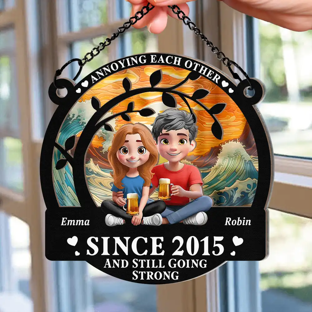 Couple Annoying Each Other 3D Effect - Personalized Window Hanging Suncatcher Ornament - Image 2