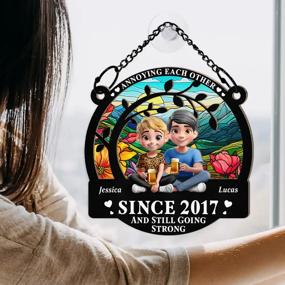 Couple Annoying Each Other 3D Effect - Personalized Window Hanging Suncatcher Ornament - Image 4