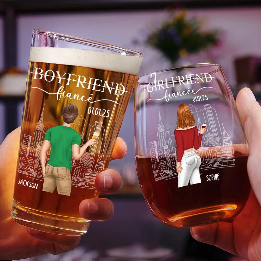 Couple Boyfriend Fiance Girlfriend Fiancee - Personalized Combo Wine & Beer Glass - Image 2