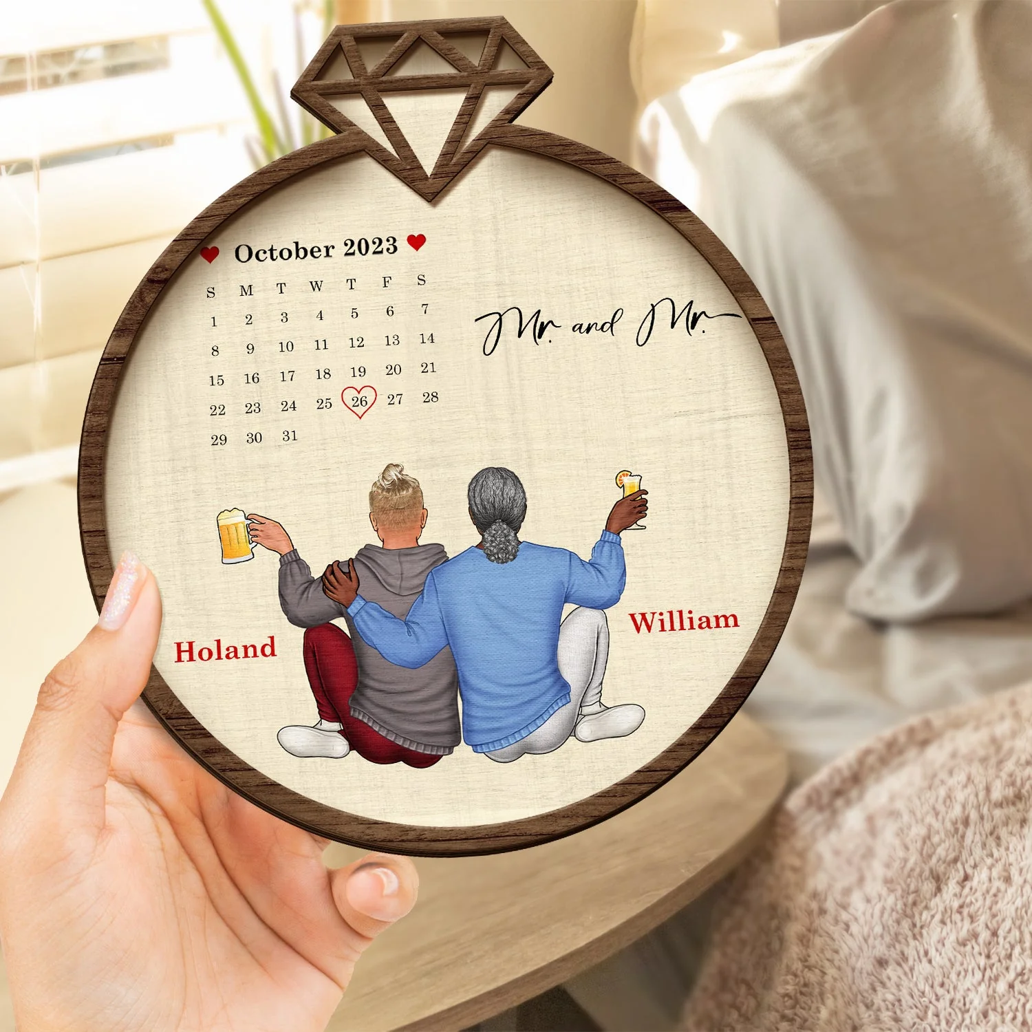 Couple Calendar Married Engaged - Gift For Couples - Personalized 2-Layered Wooden Plaque With Stand - Image 4