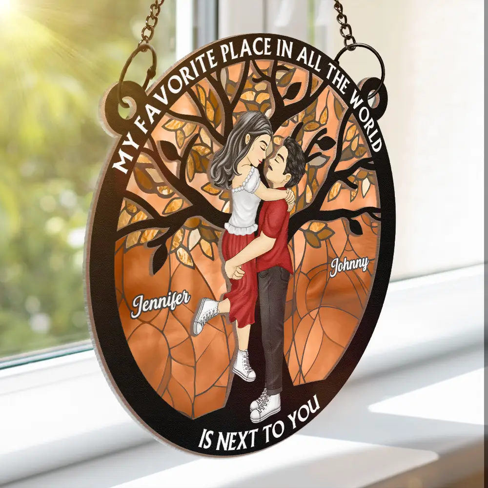 Couple Cartoon Kissing My Favorite Place In All The World - Personalized Window Hanging Suncatcher Ornament - Image 3