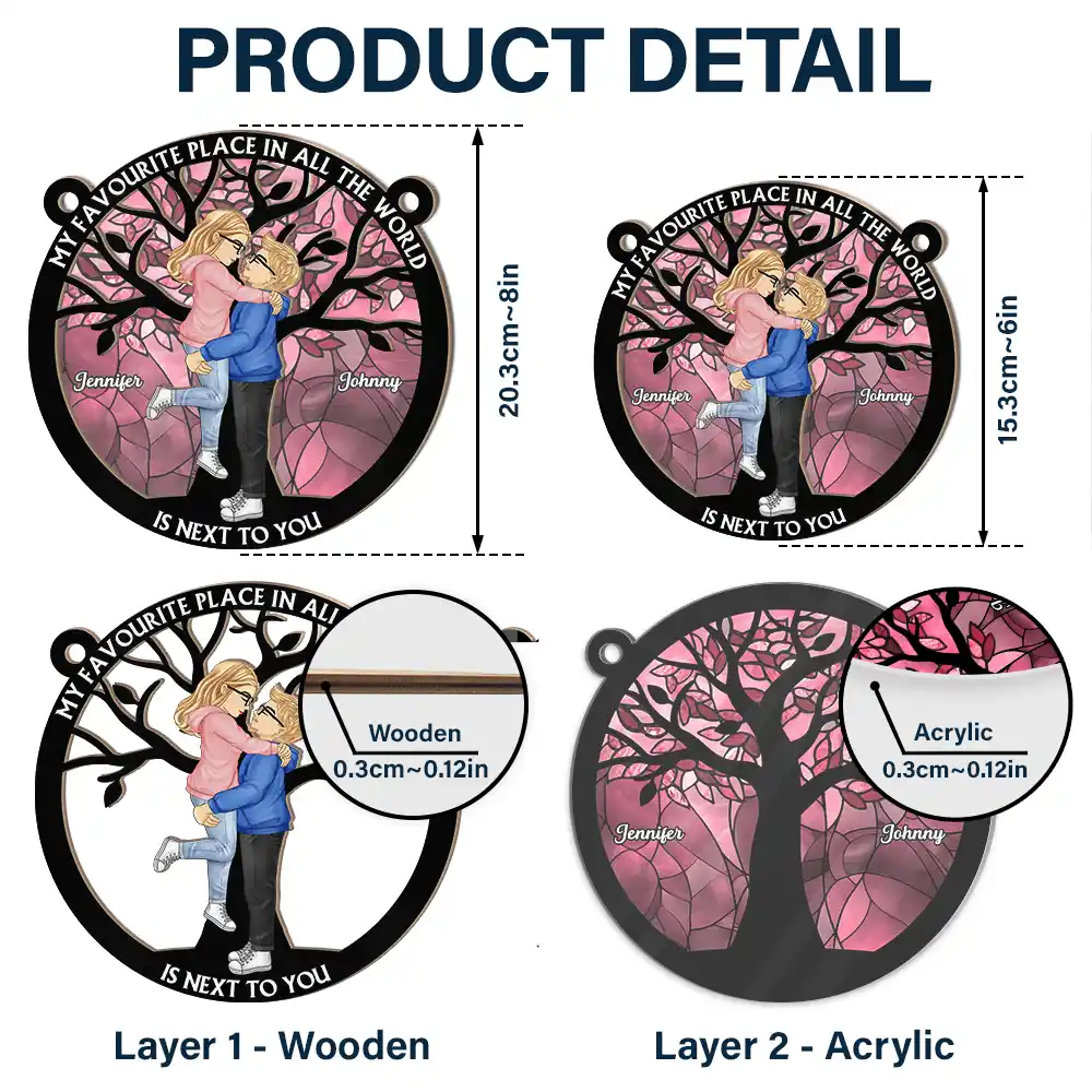 Couple Cartoon Kissing My Favorite Place In All The World - Personalized Window Hanging Suncatcher Ornament - Image 5