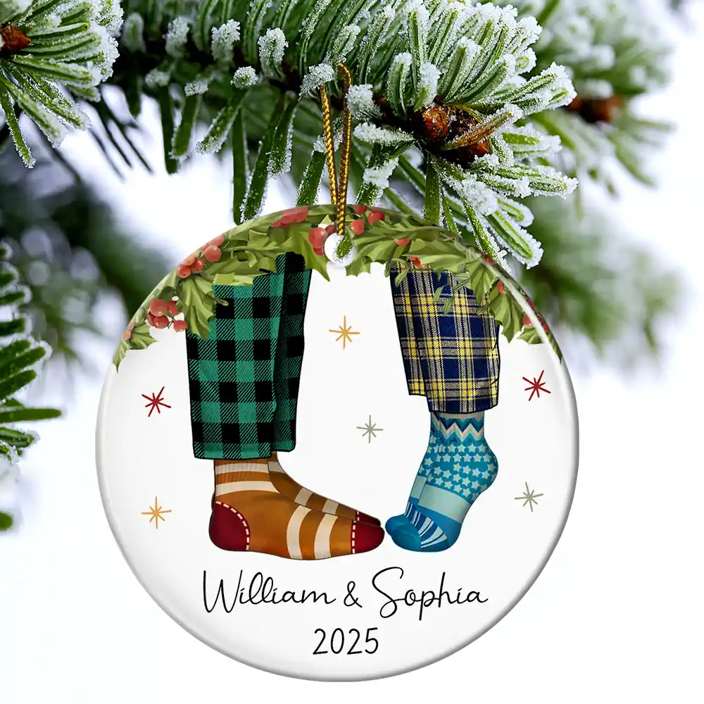 Couple Christmas Socks - Personalized Circle Ceramic Ornament - Image 4