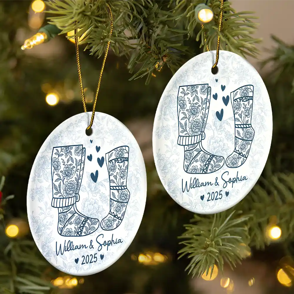 Couple Christmas Socks Toile - Personalized Circle Ceramic Ornament - Image 2