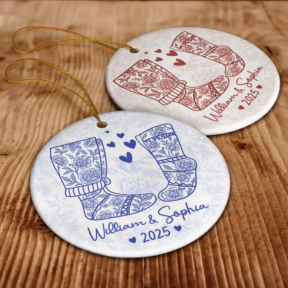 Couple Christmas Socks Toile - Personalized Circle Ceramic Ornament - Image 6