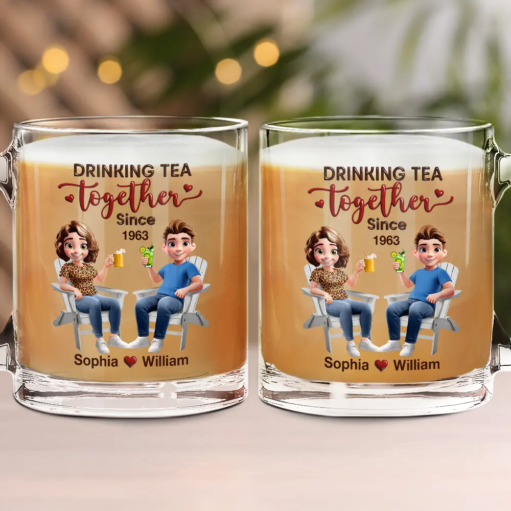 Couple Drinking Coffee Together - Personalized Glass Mug - Image 2