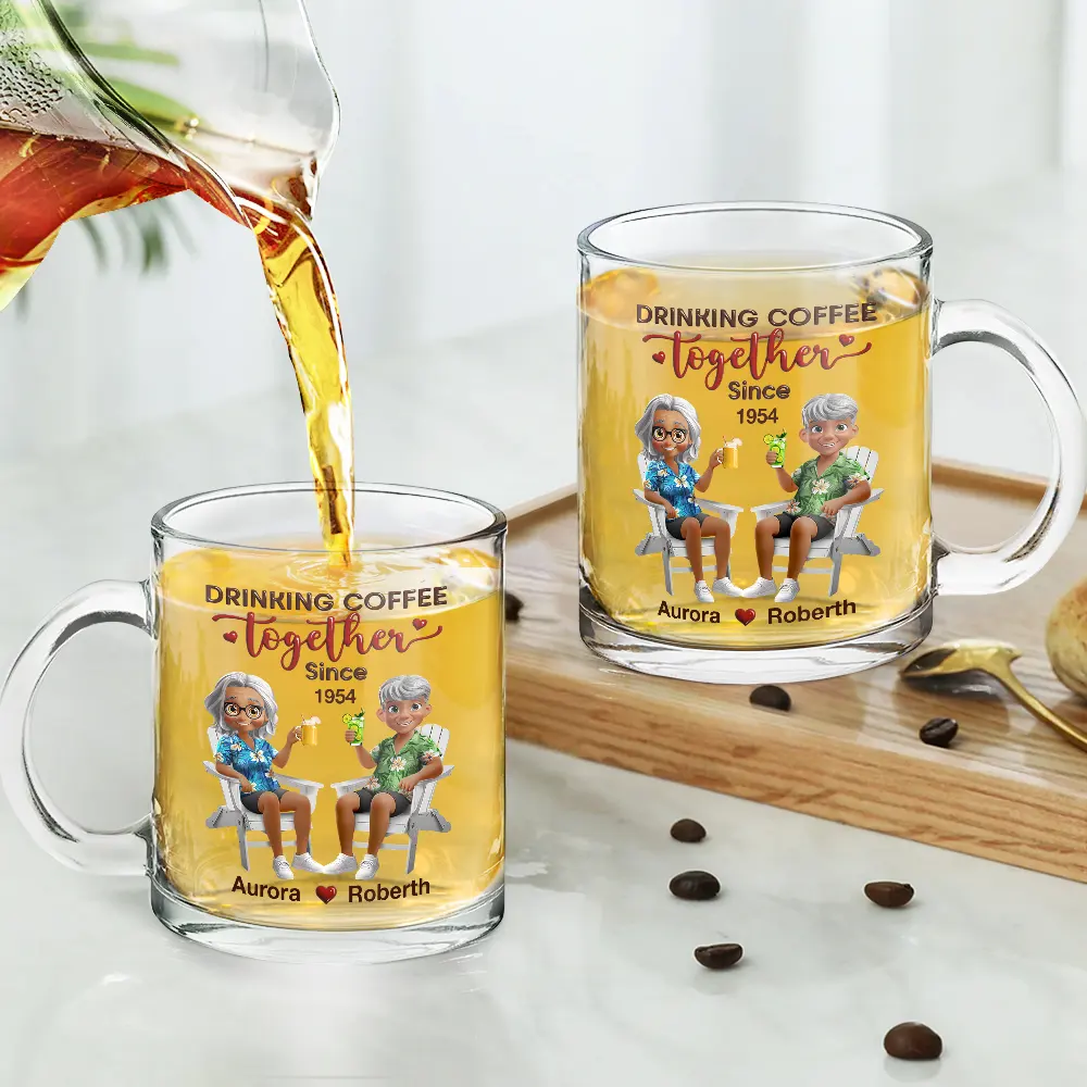 Couple Drinking Coffee Together - Personalized Glass Mug - Image 4