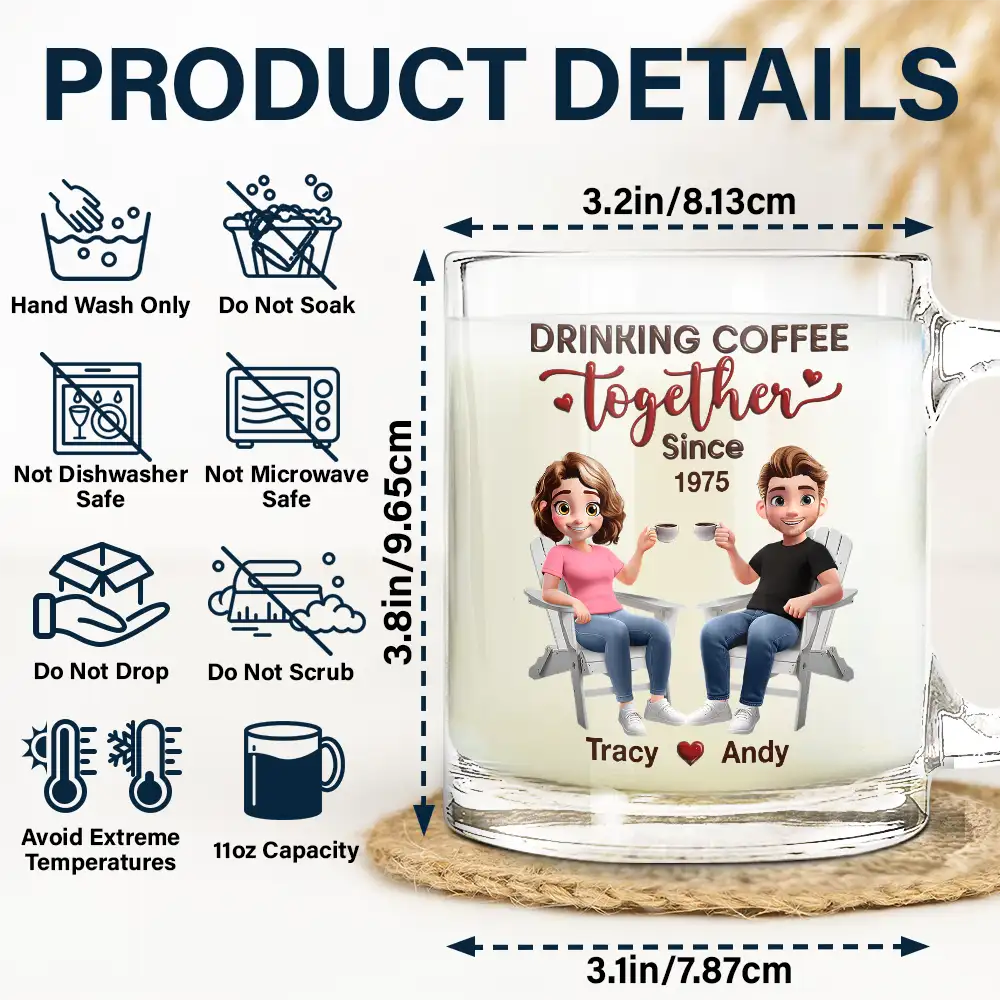 Couple Drinking Coffee Together - Personalized Glass Mug - Image 5