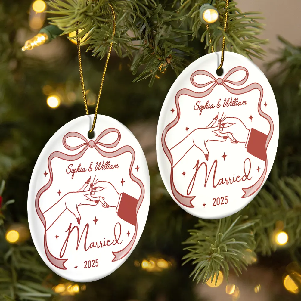 Couple Engaged Married Anniversary - Personalized Circle Ceramic Ornament - Image 2