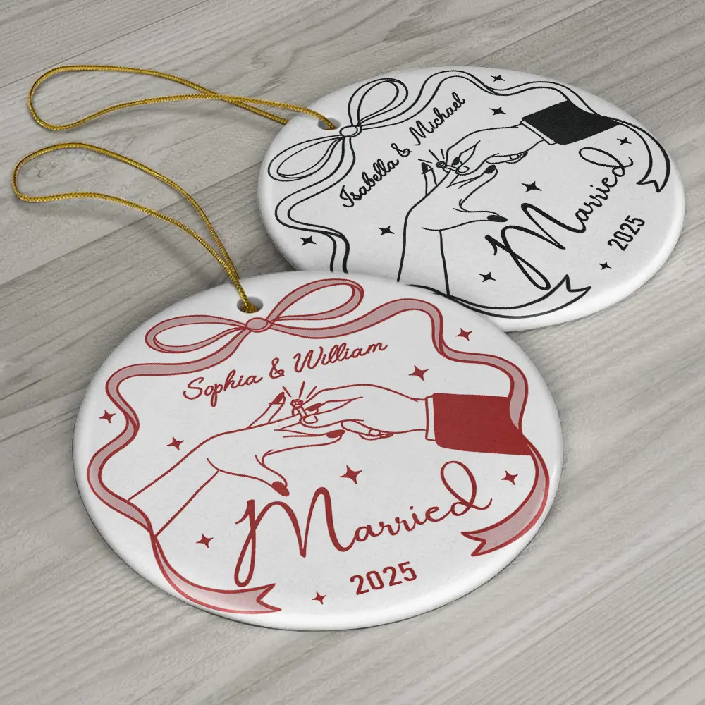 Couple Engaged Married Anniversary - Personalized Circle Ceramic Ornament - Image 6