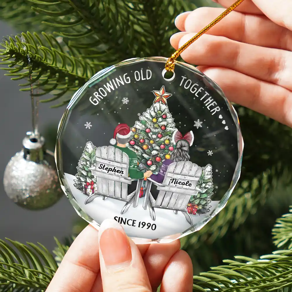 Couple Growing Old Together Since - Personalized Circle Glass Ornament - Image 2