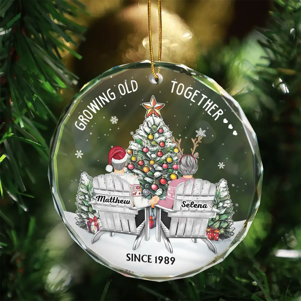 Couple Growing Old Together Since - Personalized Circle Glass Ornament - Image 3