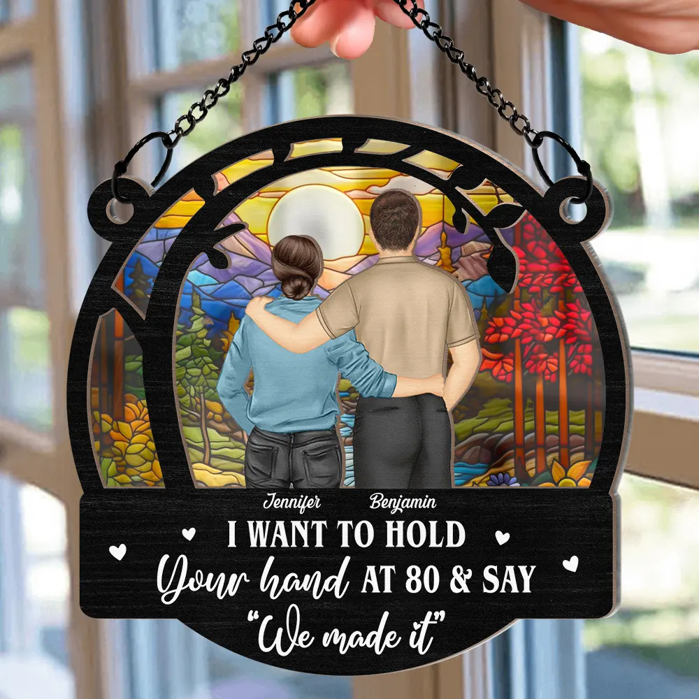 Couple Hold Your Hand At 80 - Personalized Window Hanging Suncatcher Ornament - Image 2