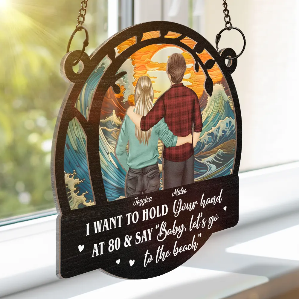 Couple Hold Your Hand At 80 - Personalized Window Hanging Suncatcher Ornament - Image 3