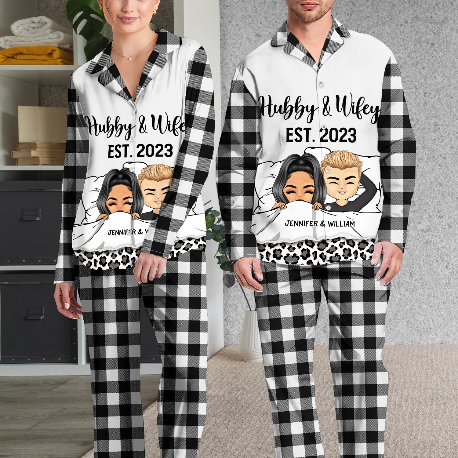 Couple Hubby & Wifey Est - Gift For Couples - Personalized Long Pajamas Set - Image 3