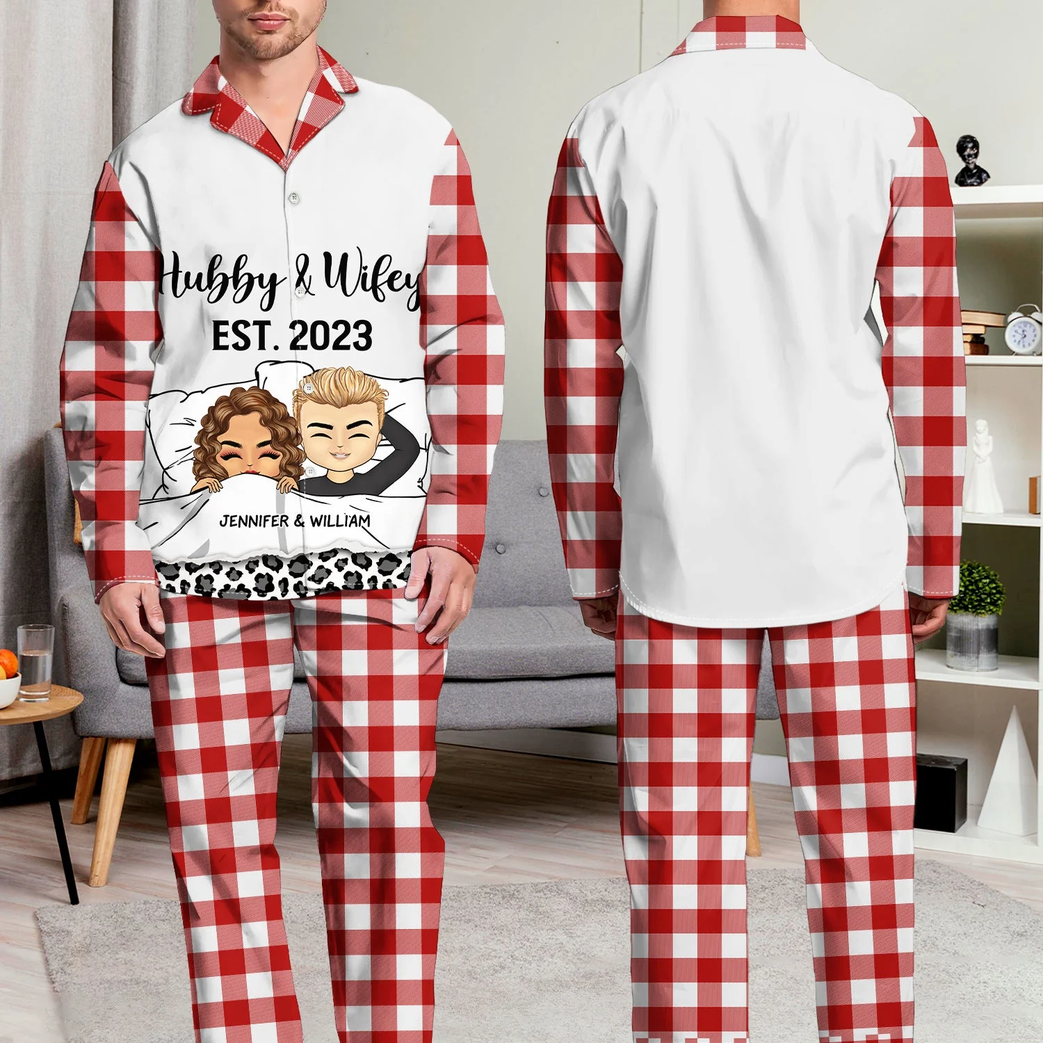 Couple Hubby & Wifey Est - Gift For Couples - Personalized Long Pajamas Set - Image 5