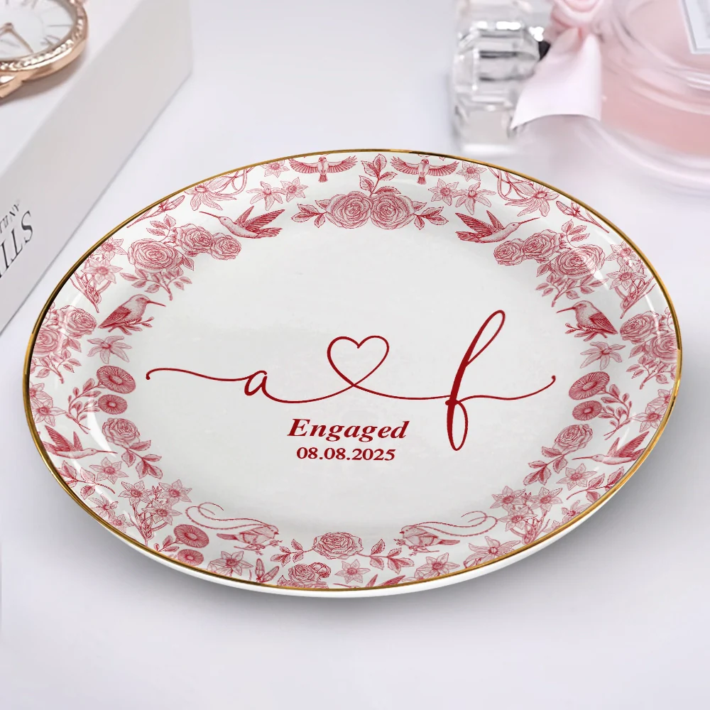 Couple Initial Names Engaged Married Toile De Jouy Pattern - Personalized Round Ring Dish - Image 2