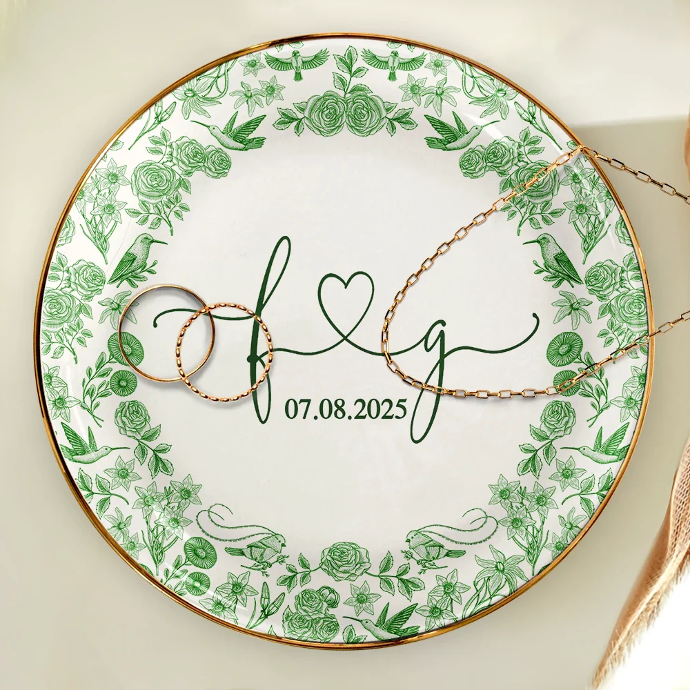 Couple Initial Names Engaged Married Toile De Jouy Pattern - Personalized Round Ring Dish - Image 4