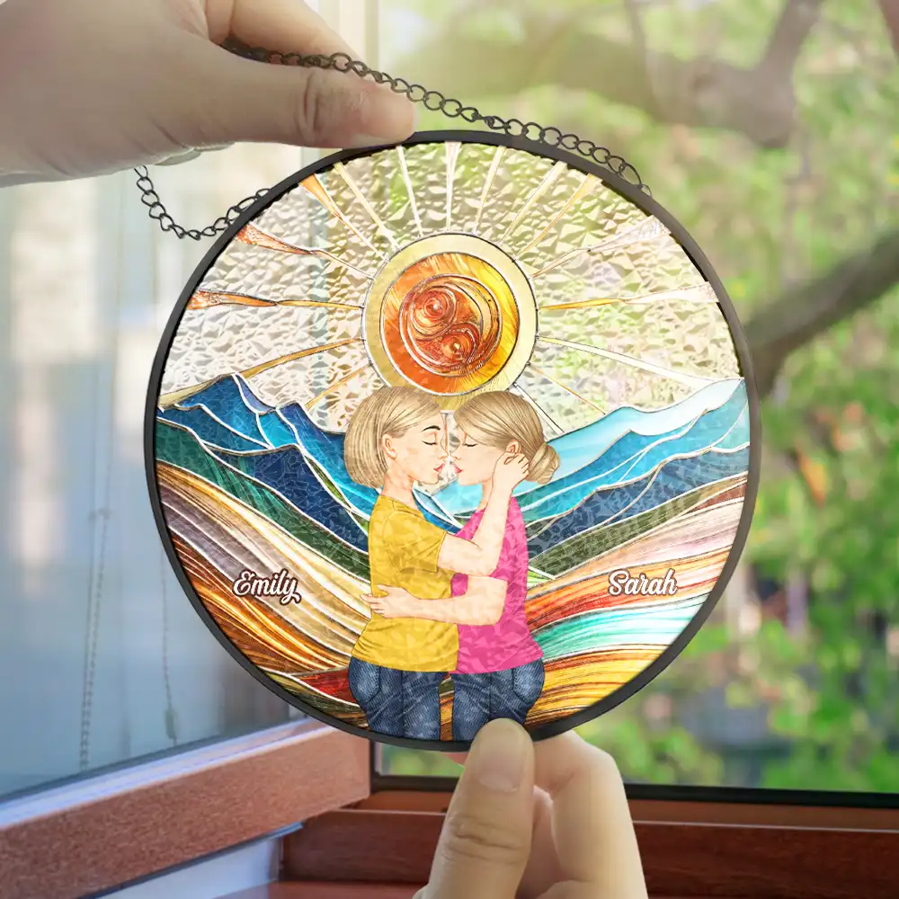 Couple Kissing In The Sun - Personalized Stained Glass Window Hanging Suncatcher - Image 4